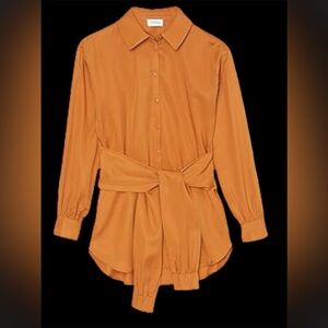 Brown Orange Button Down Blouse with Tie Front and Dress Shirt Collar
